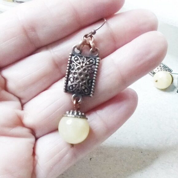 Ornate Copper Plate + Massive Genuine Citrine Beads! Gorgeous Statement Earrings - Picture 2 of 7